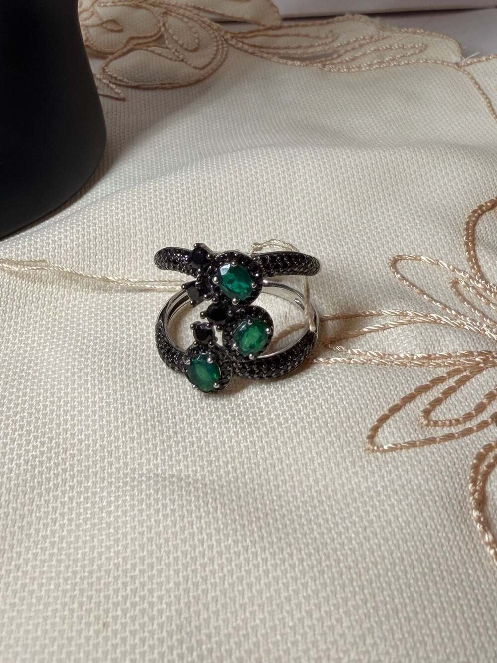 Sterling Silver Emerald and Black Spinel Bypass Ring Size 9.5